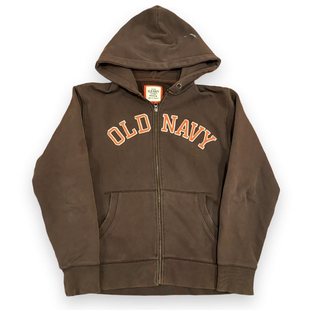 Vintage Old Navy Mens Brown Heavyweight Full Zip Hoodie Orange Logo Medium